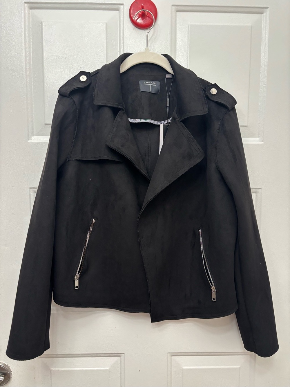 Tahari Black Suede-Look Faux Leather Moto Jacket with Zip Pockets
